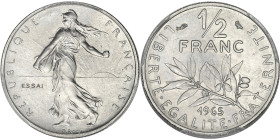 FRANCE
Ve République (1958 à nos jours). Essai de 1/2 franc Semeuse 1965, Pessac.
G.429 - F.198 ; Nickel - 20,5 mm - 12 h
PCGS SP66 (36745001). 
Fleur...