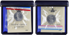 FRANCE
Ve République (1958 à nos jours). Piéfort de 1/2 franc Semeuse 1985, Pessac.
GEM.91.P1 ; Nickel - 9 g - 19,5 mm - 6 h
Dans son coffret d’origin...