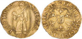 FRANCE / FÉODALES - FRANCE / FEUDAL
Metz (ville de). Florin d’or ND (XVIe s.), Metz.
Bd.1657 - Fr.164 ; Or - 3,21 g - 23 mm - 10 h
Flan à peine fendu ...