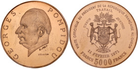 GABON
République. Essai de 5000 francs Georges Pompidou 1971.
KM.cf11 ; Bronze - 12,8 g - 33 mm - 6 h
Sous scellé d’origine. Fleur de coin.