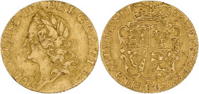 GRANDE-BRETAGNE - UNITED KINGDOM
Georges II (1727-1760). Demi-guinée 1756.
Fr.349 ; Or - 4,17 g - 21 mm - 6 h
Une rayure sur le portrait. Type peu com...