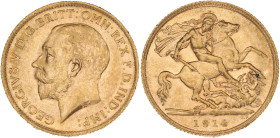 GRANDE-BRETAGNE - UNITED KINGDOM
Georges V (1910-1936). 1/2 souverain 1914, Londres.
Fr.405 ; Or - 3,97 g - 19 mm - 12 h
Superbe.