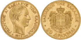 GRÈCE - GREECE
Georges Ier (1863-1913). 20 drachmes Or 1876, A, Paris.
Fr.15 ; Or - 6,41 g - 21 mm - 6 h
TTB à Superbe.