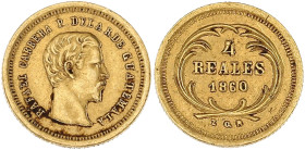 GUATEMALA
République. 4 réales 1860.
Fr.37 ; Or - 0,82 g - 10 mm - 6 h
TTB.