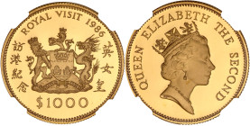 HONG KONG
Élisabeth II (1952-2022). 1000 dollars, visite de la Reine, Flan bruni (PROOF) 1986.
Fr.13 ; Or - 29 mm - 12 h
C’est le second plus haut gra...