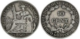 INDOCHINE - INDOCHINA
IIIe République (1870-1940). 10 centimes 1928, A, Paris.
Lec.168 ; Argent - 2,66 g - 19 mm - 6 h
Millésime le plus rare de la sé...