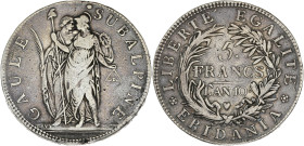ITALIE - ITALY
Gaule subalpine (1800-1802). 5 francs An 10 (1802), Turin.
G.IT 4 - KM-C4 - Mont.10 - Dav.197 ; Argent - 24,54 g - 37 mm - 6 h
TB.