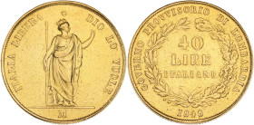 ITALIE - ITALY
Lombardie, Gouvernement provisoire de (1848). 40 lire 1848, M, Milan.
KM.C24 - Pag.211 - Fr.474 ; Or - 12,80 g - 26 mm - 6 h
Exemplaire...