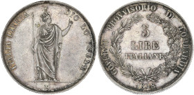 ITALIE - ITALY
Lombardie, Gouvernement provisoire de (1848). 5 lire 1848, M, Milan.
KM.22.2 ; Argent - 24,98 g - 37 mm - 6 h
TTB.