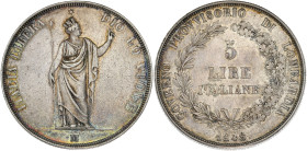 ITALIE - ITALY
Lombardie, Gouvernement provisoire de (1848). 5 lire, rameaux courts 1848, M, Milan.
M.425 - P.213a - Cr.3B ; Argent - 24,89 g - 37 mm ...