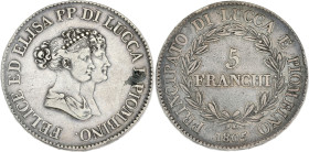ITALIE - ITALY
Lucques, Elisa Bonaparte et Felix Baciocchi (1805-1814). 5 franchi 1805, Florence.
G.IT 46 - DMP.943 ; Argent - 24,64 g - 37 mm - 6 h
T...