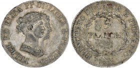 ITALIE - ITALY
Lucques, Elisa Bonaparte et Felix Baciocchi (1805-1814). 5 franchi 1806, Florence.
G.IT 46 - DMP.943 ; Argent - 24,68 g - 37 mm - 6 h
T...