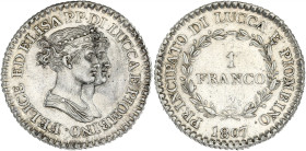 ITALIE - ITALY
Lucques, Elisa Bonaparte et Felix Baciocchi (1805-1814). 1 franco 1807, Florence.
KM.23 ; Argent - 4,95 g - 23 mm - 6 h
Anciennement ne...
