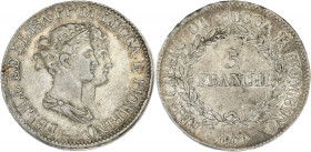 ITALIE - ITALY
Lucques, Elisa Bonaparte et Felix Baciocchi (1805-1814). 5 franchi 1807, Florence.
G.IT 46 - DMP.943 ; Argent - 24,90 g - 37 mm - 6 h
T...
