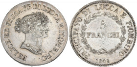 ITALIE - ITALY
Lucques, Elisa Bonaparte et Felix Baciocchi (1805-1814). 5 franchi 1808, Florence.
G.IT 46 - DMP.943 ; Argent - 24,98 g - 37 mm - 6 h
R...