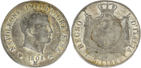 ITALIE - ITALY
Milan, royaume d’Italie, Napoléon Ier (1805-1814). 5 lire 1808, M, Milan.
KM.10.1 ; Argent - 24,82 g - 37 mm - 6 h
TB à TTB.