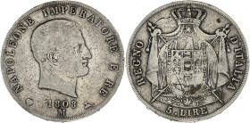 ITALIE - ITALY
Milan, royaume d’Italie, Napoléon Ier (1805-1814). 5 lire 1808, M, Milan.
KM.10.7 ; Argent - 24,56 g - 37 mm - 6 h
TB.