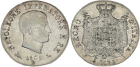 ITALIE - ITALY
Milan, royaume d’Italie, Napoléon Ier (1805-1814). 5 lire 1809, B, Bologne.
KM.10.3 ; Argent - 24,88 g - 37 mm - 6 h
TB.