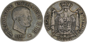 ITALIE - ITALY
Milan, royaume d’Italie, Napoléon Ier (1805-1814). 5 lire 1810, B, Bologne.
KM.10.3 ; Argent - 24,65 g - 37 mm - 6 h
TB.