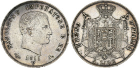ITALIE - ITALY
Milan, royaume d’Italie, Napoléon Ier (1805-1814). 5 lire 1811, V, Venise.
KM.10.8 ; Argent - 24,95 g - 37 mm - 6 h
TTB.