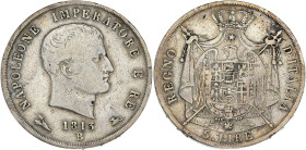 ITALIE - ITALY
Milan, royaume d’Italie, Napoléon Ier (1805-1814). 5 lire 1813, B, Bologne.
KM.10.9 ; Argent - 24,52 g - 37 mm - 6 h
B à TB.