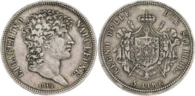 ITALIE - ITALY
Naples, Joachim Murat (1808-1815). 5 lire 1813, Naples.
G.IT 53 - MIR.441/1 - DMP.1004 ; Argent - 24,74 g - 37 mm - 12 h
TB à TTB.