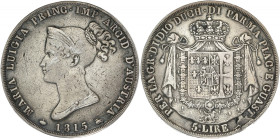 ITALIE - ITALY
Parme, Marie-Louise (1815-1847). 5 lire 1815, Milan.
G.IT 40 - MIR.1093 - M.115 - DMP.1013 ; Argent - 24,60 g - 37 mm - 6 h
TB.