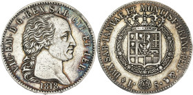 ITALIE - ITALY
Savoie-Sardaigne, Victor-Emmanuel Ier (1814-1821). 5 lire 1818, Tête d’aigle, Turin.
KM.113 ; Argent - 25 g - 37 mm - 6 h
TTB.
