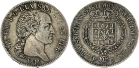 ITALIE - ITALY
Savoie-Sardaigne, Victor-Emmanuel Ier (1814-1821). 5 lire 1819, Tête d’aigle, Turin.
KM.113 ; Argent - 24,80 g - 37 mm - 6 h
TB.