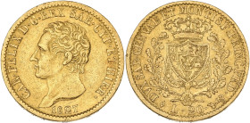 ITALIE - ITALY
Savoie-Sardaigne, Charles-Félix (1821-1831). 20 lire 1827, Tête d’aigle, Turin.
Fr.1136 ; Or - 6,37 g - 21 mm - 6 h
TTB.