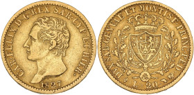 ITALIE - ITALY
Savoie-Sardaigne, Charles-Félix (1821-1831). 20 lire 1827, Tête d’aigle, Turin.
Fr.1136 ; Or - 6,37 g - 21 mm - 6 h
TTB.
