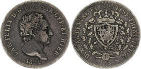 ITALIE - ITALY
Savoie-Sardaigne, Charles-Félix (1821-1831). 5 lire 1822 L, Tête d’aigle, Turin.
KM.105.1 ; Argent - 24,39 g - 37 mm - 6 h
TB.