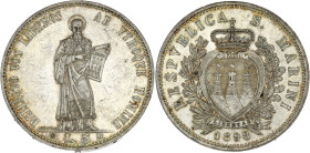 SAINT-MARIN - SAN MARINO
République. 5 lire 1898, R, Rome.
KM.6 ; Argent - 24,99 g - 37 mm - 6 h
Superbe.