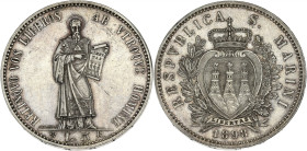 SAINT-MARIN - SAN MARINO
République. 5 lire 1898, R, Rome.
KM.6 ; Argent - 24,96 g - 37 mm - 6 h
Nettoyé à l’avers sinon Superbe.