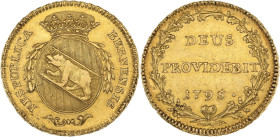 SUISSE - SWITZERLAND
Berne (canton de). 2 duplones 1795, Berne.
Fr.181 ; Or - 15,16 g - 28,5 mm - 6 h
Légère marque sur la tranche à 10h. TTB.