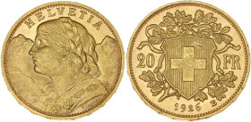 SUISSE - SWITZERLAND
Confédération Helvétique (1848 à nos jours). 20 francs 1926, B, Berne.
Fr.499 ; Or - 6,45 g - 21 mm - 6 h
Millésime peu commun. S...