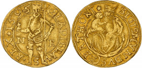 TRANSYLVANIE - TRANSYLVANIA
Sigismond Bathori (1581-1602). Ducat 1595/4.
Fr.297 ; Or - 3,44 g - 22,5 mm - 12 h
TTB.