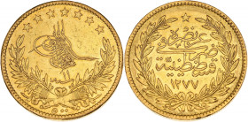 TURQUIE - TURKEY
Abdülaziz (1861-1876). 500 kurush AH 1277/11 (1872), Constantinople.
KM.698 - Fr.125 ; Or - 35,93 g - 34 mm - 12 h
Usure régulière de...