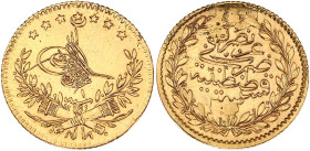 TURQUIE - TURKEY
Mourad V (1876). 25 kurush AH1293/1 (1876).
Fr.135 ; Or - 1,77 g - 15 mm - 12 h
Trace de soudure. TTB.