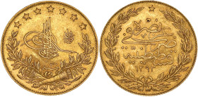 TURQUIE - TURKEY
Abdülhamid II (1876-1909). 100 kurush AH1293/30 (1905).
Fr.143 ; Or - 7,18 g - 22 mm - 12 h
TTB à Superbe.