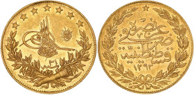 TURQUIE - TURKEY
Abdülhamid II (1876-1909). 100 kurush AH1293/31 (1906).
Fr.143 ; Or - 7,1 g - 22 mm - 12 h
Superbe.