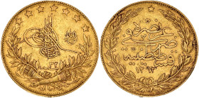 TURQUIE - TURKEY
Abdülhamid II (1876-1909). 100 kurush AH1293/32 (1907).
Fr.143 ; Or - 7,2 g - 22 mm - 12 h
TTB.