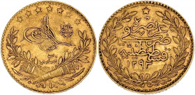 TURQUIE - TURKEY
Abdülhamid II (1876-1909). 25 kurush AH1293/30 (1905).
Fr.145 ; Or - 1,80 g - 15 mm - 12 h
TTB.