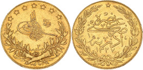 TURQUIE - TURKEY
Mohammed V (1909-1918). 100 kurush AH1327/2 (1911) Edirne
Fr.154 ; Or - 7,23 g - 22 mm - 12 h
TTB à Superbe.