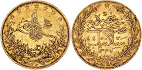 TURQUIE - TURKEY
Mohammed V (1909-1918). 100 kurush AH1327/3 (1912) Selanik.
Fr.154 ; Or - 7,18 g - 22 mm - 12 h
TTB.