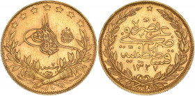 TURQUIE - TURKEY
Mohammed V (1909-1918). 100 kurush AH1327/7 (1916).
Fr.154 ; Or - 7,20 g - 22 mm - 12 h
Superbe.