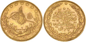 TURQUIE - TURKEY
Mohammed V (1909-1918). 100 kurush AH1327/9 (1918).
Fr.160 ; Or - 7,18 g - 22 mm - 12 h
Superbe.