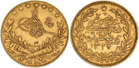 TURQUIE - TURKEY
Mohammed V (1909-1918). 25 kurush AH1327/3 (1912).
Fr.157 ; Or - 1,81 g - 15 mm - 12 h
Superbe.