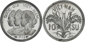 VIÊT-NAM - VIETNAM
République (1949-1955). Essai-piéfort de 10 su 1953, Paris.
Lec.7 ; Aluminium - 2,80 g - 23 mm - 12 h
Frappé à 104 exemplaires. Sup...