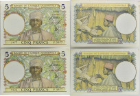 AFRIQUE OCCIDENTALE FRANÇAISE - FRENCH WEST AFRICA
Lot (2) - 5 francs type "bleu foncé" avec numéros consécutifs 10-3-1938.
P.21.
Lot (2) - 5 francs t...